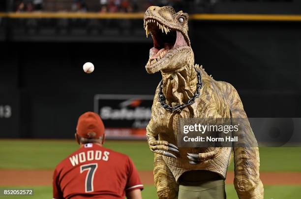 The ceremonial first pitch was thrown out by a representative of the Phoenix Zoo dressed in a super raptor costume prior to a game between the...