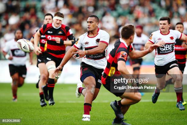 Hapakuki Moala-Liavaa of North Harbour passes the ball out during the round six Mitre 10 Cup match between North Harbour and Canterbury at QBE...