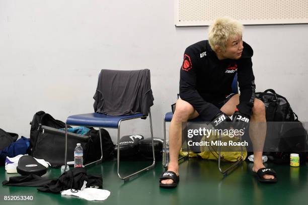 Takanori Gomi of Japan waits backstage during the UFC Fight Night event inside the Saitama Super Arena on September 22, 2017 in Saitama, Japan.