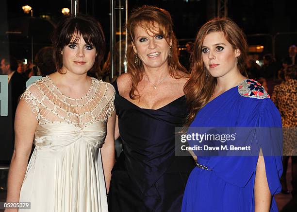Sarah Ferguson, Duchess of York with her daughters Princess Eugenie and Princess Beatrice arrive at the UK film premiere of 'The Young Victoria', at...
