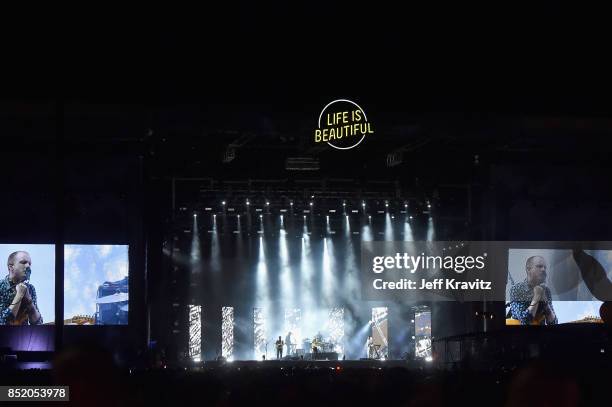 Sam Halliday, Alex Trimble, and Kevin Baird of Two Door Cinema Club perform on Downtown Stage during day 1 of the 2017 Life Is Beautiful Festival on...