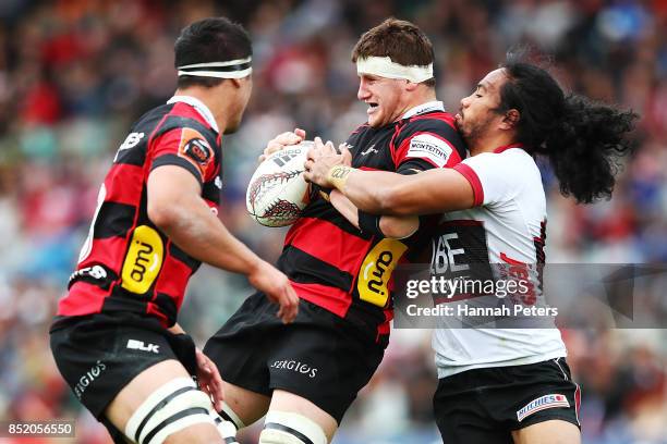 Tom Sanders of Canterbury charges forward during the round six Mitre 10 Cup match between North Harbour and Canterbury at QBE Stadium on September...