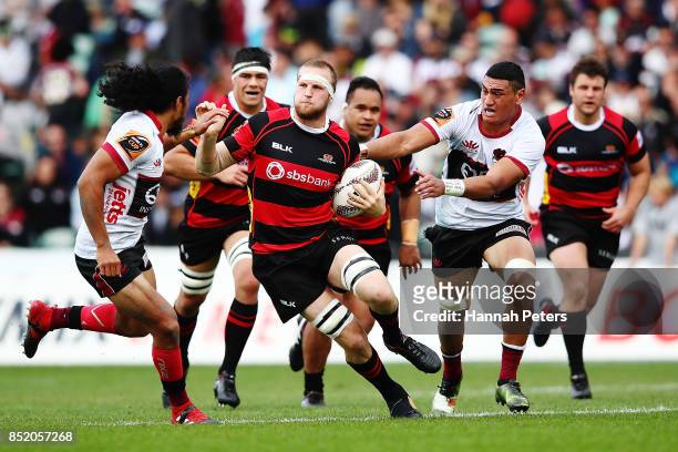 Mitchell Dunshea of Canterbury charges forward during the round six Mitre 10 Cup match between North Harbour and Canterbury at QBE Stadium on...