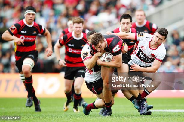 George Bridge of Canterbury charges forward during the round six Mitre 10 Cup match between North Harbour and Canterbury at QBE Stadium on September...