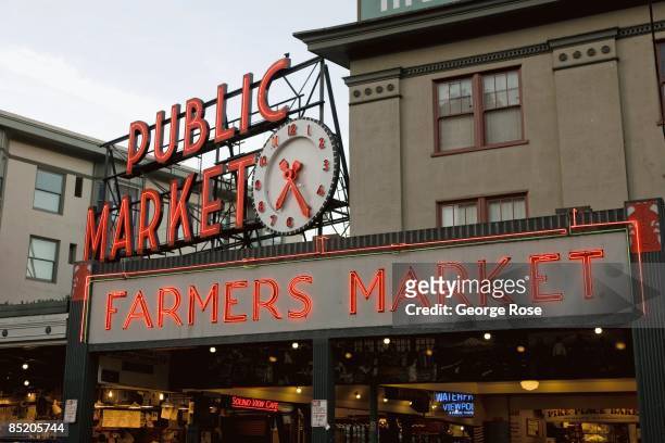 The entrance to Pike Place Farmers Market is seen from across the street in this 2009 Seattle, Washington, city landscape photo.