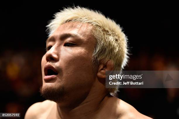 Takanori Gomi of Japan prepares to enter the Octagon before facing Dong Hyun Kim of South Korea in their lightweight bout during the UFC Fight Night...