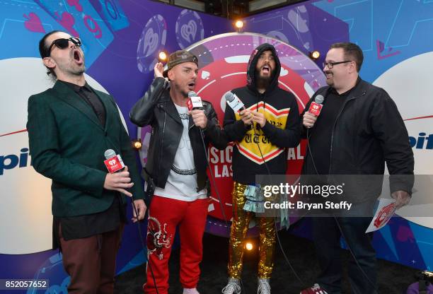 Tomo Milicevic, Shannon Leto, Jared Leto of Thirty Seconds to Mars and Woody attend the 2017 iHeartRadio Music Festival at T-Mobile Arena on...