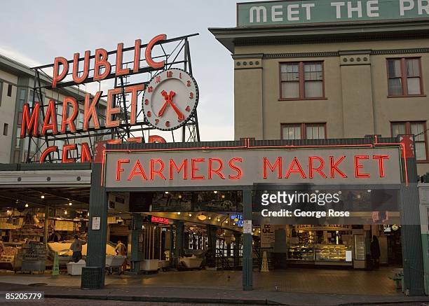 The entrance to Pike Place Farmers Market is seen from across the street in this 2009 Seattle, Washington, city landscape photo.