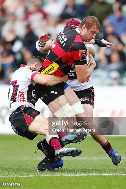 Dominic Bird of Canterbury charges forward during the round six Mitre 10 Cup match between North Harbour and Canterbury at QBE Stadium on September...