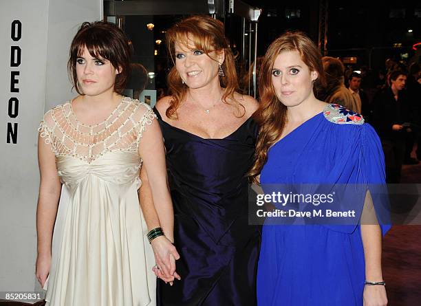 Sarah Ferguson, Duchess of York with her daughters Princess Eugenie and Princess Beatrice arrive at the UK film premiere of 'The Young Victoria', at...