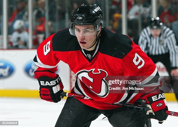 Zach Parise of the New Jersey Devils skates against the Florida Panthers at the Prudential Center on February 28, 2009 in Newark, New Jersey. The...