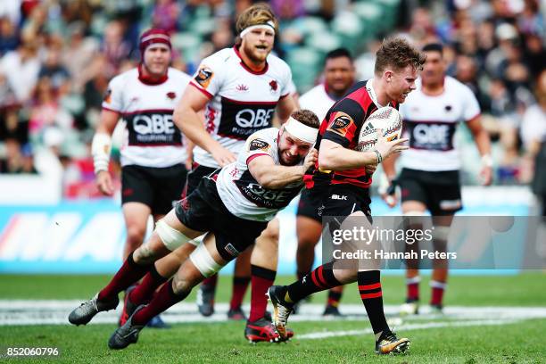 Mitchell Drummond of Canterbury makes a break to score a try during the round six Mitre 10 Cup match between North Harbour and Canterbury at QBE...