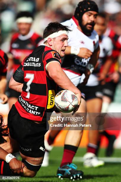 Jed Brown of Canterbury looks to offload the ball during the round six Mitre 10 Cup match between North Harbour and Canterbury at QBE Stadium on...