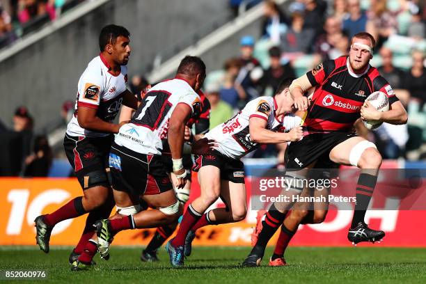 Mitchell Dunshea of Canterbury charges forward during the round six Mitre 10 Cup match between North Harbour and Canterbury at QBE Stadium on...