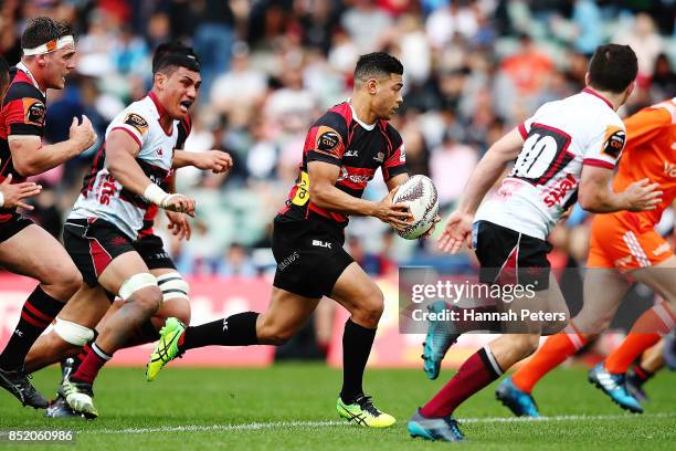 Ritchie Mo'unga of Canterbury makes a break during the round six Mitre 10 Cup match between North Harbour and Canterbury at QBE Stadium on September...