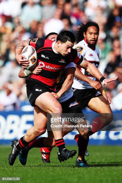 Rob Thompson of Canterbury makes a break during the round six Mitre 10 Cup match between North Harbour and Canterbury at QBE Stadium on September 23,...