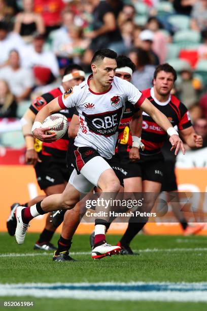 Shaun Stevenson of North Harbour makes a break during the round six Mitre 10 Cup match between North Harbour and Canterbury at QBE Stadium on...