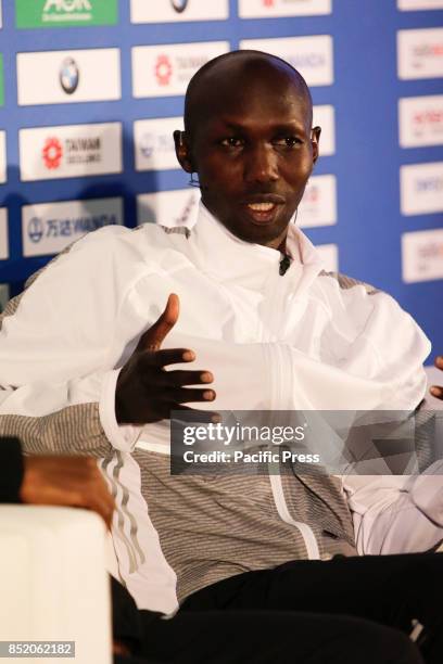 Wilson Kipsang is pictured at the press conference. The three leading runners competing in the 44th BMW Berlin Marathon, Eliud Kipchoge from Kenya,...