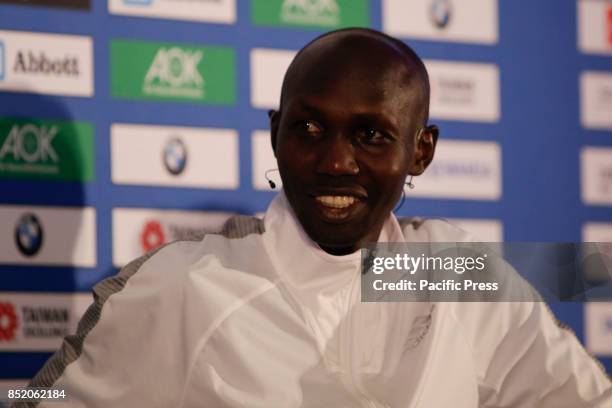 Wilson Kipsang is pictured at the press conference. The three leading runners competing in the 44th BMW Berlin Marathon, Eliud Kipchoge from Kenya,...