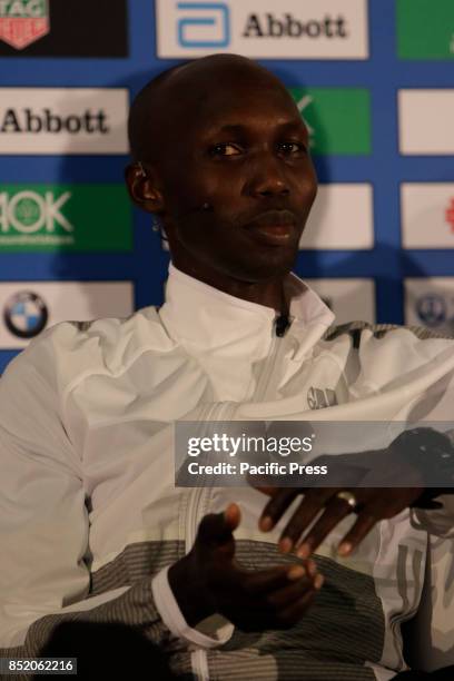 Wilson Kipsang is pictured at the press conference. The three leading runners competing in the 44th BMW Berlin Marathon, Eliud Kipchoge from Kenya,...