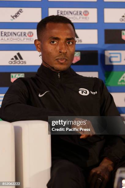 Kenenisa Bekele is pictured at the press conference. The three leading runners competing in the 44th BMW Berlin Marathon, Eliud Kipchoge from Kenya,...