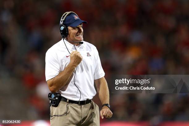 Head coach Rich Rodriguez of the Arizona Wildcats gestures during the first half of the college football game against the Utah Utes at Arizona...