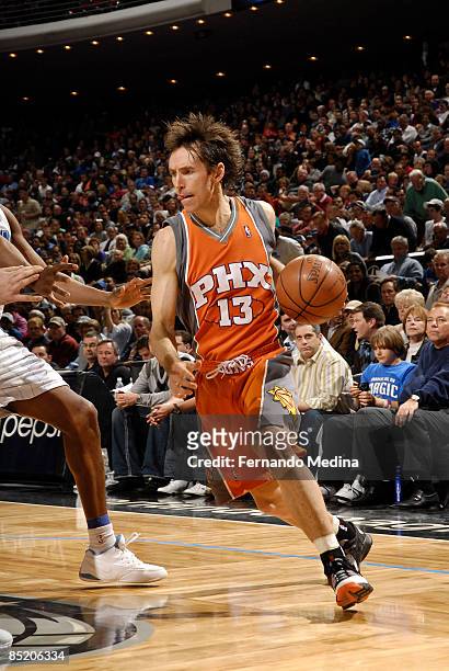 Steve Nash of the Phoenix Suns drives against the Orlando Magic during the game at Amway Arena March 3, 2009 in Orlando, Florida. NOTE TO USER: User...