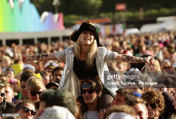 The crowd watching Tom Odell performing on the Main Stage at Bestival, held at Robin Hill Country Park on the Isle of Wight.