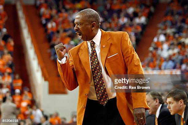 Head coach Oliver Purnell of the Clemson Tigers yells to his team during the first half against the Virginia Cavaliers at Littlejohn Coliseum on...
