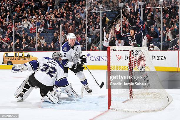 Manny Malhotra of the Columbus Blue Jackets celebrates after scoring the game-winning goal against the Los Angeles Kings on March 3, 2009 at...