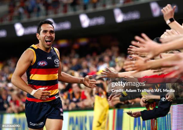 Eddie Betts of the Crows thanks fans during the 2017 AFL First Preliminary Final match between the Adelaide Crows and the Geelong Cats at Adelaide...