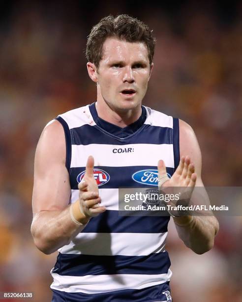 Patrick Dangerfield of the Cats celebrates during the 2017 AFL First Preliminary Final match between the Adelaide Crows and the Geelong Cats at...