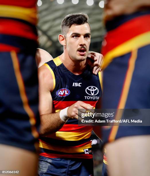 Taylor Walker of the Crows addresses his teammates during the 2017 AFL First Preliminary Final match between the Adelaide Crows and the Geelong Cats...