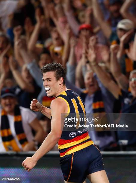 Paul Seedsman of the Crows celebrates a goal during the 2017 AFL First Preliminary Final match between the Adelaide Crows and the Geelong Cats at...