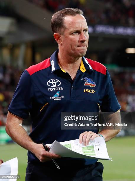 Don Pyke, Senior Coach of the Crows looks on during the 2017 AFL First Preliminary Final match between the Adelaide Crows and the Geelong Cats at...