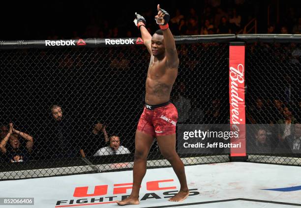 Ovince Saint Preux celebrates his submission victory over Yushin Okami of Japan in their light heavyweight bout during the UFC Fight Night event...