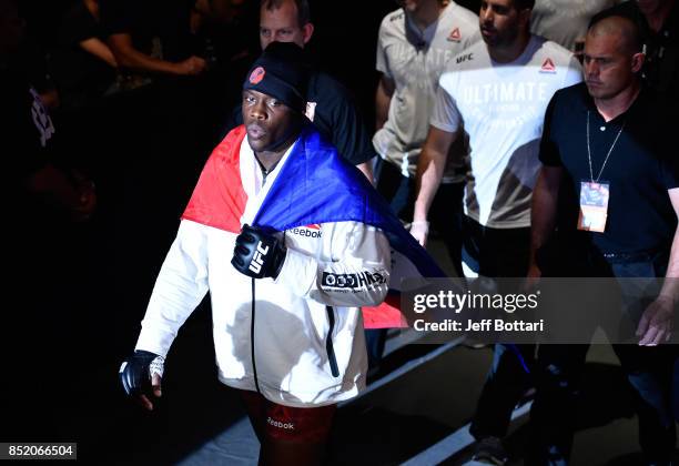 Ovince Saint Preux prepares to enter the Octagon before facing Yushin Okami of Japan in their light heavyweight bout during the UFC Fight Night event...