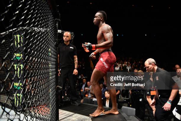Ovince Saint Preux enters the Octagon before facing Yushin Okami of Japan in their light heavyweight bout during the UFC Fight Night event inside the...