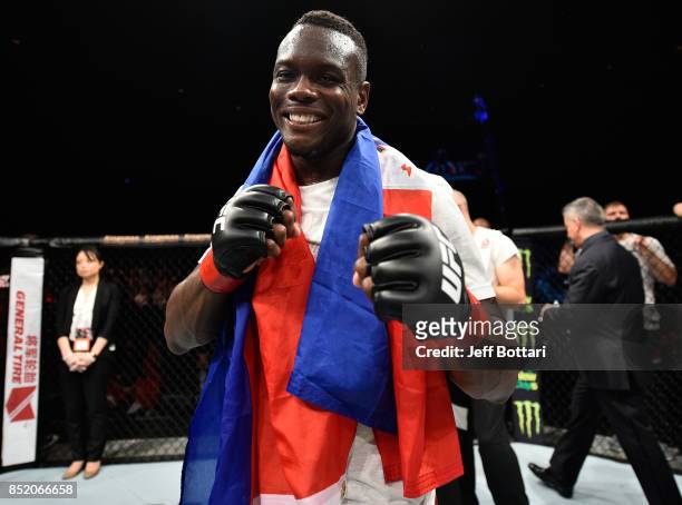 Ovince Saint Preux celebrates his submission victory over Yushin Okami of Japan in their light heavyweight bout during the UFC Fight Night event...