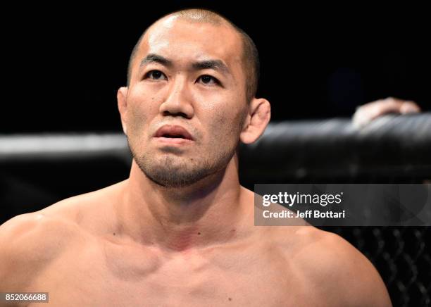 Yushin Okami of Japan prepares to enter the Octagon before facing Ovince Saint Preux in their light heavyweight bout during the UFC Fight Night event...