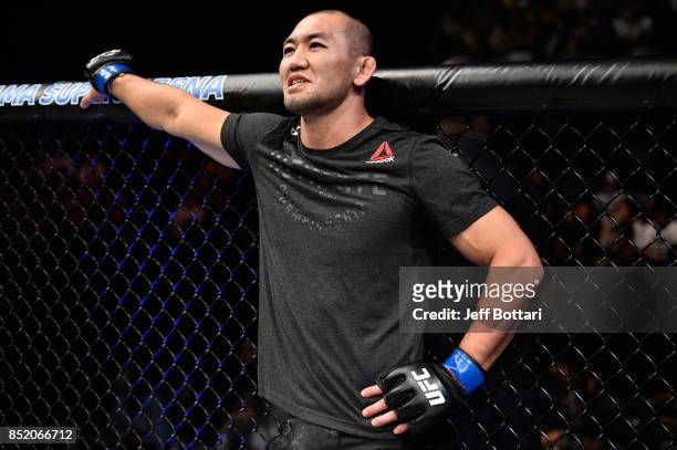 Yushin Okami of Japan reacts to his submission loss to Ovince Saint Preux in their light heavyweight bout during the UFC Fight Night event inside the...