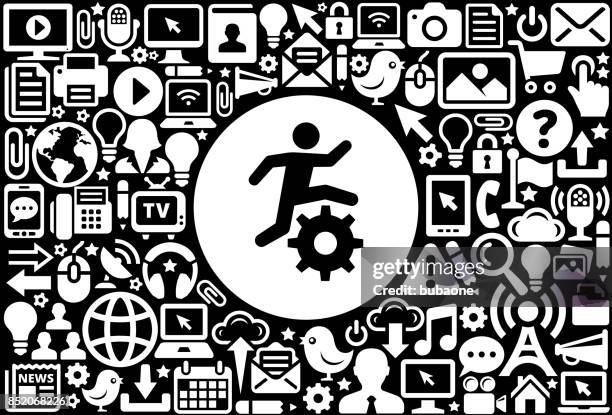 stick figure running gear icon black and white internet technology background - runners talking stock illustrations