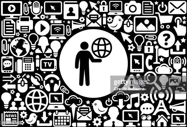 stick figure carrying globe icon black and white internet technology background - holding chat bubble stock illustrations