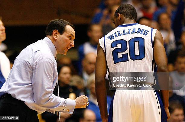 Head coach Mike Krzyzewski of the Duke Blue Devils directs Elliot Williams against the Florida State Seminoles during the game on March 3, 2009 at...