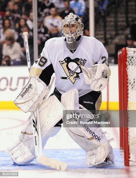 Goaltender Marc-Andre Fleury of the Pittsburgh Penguins during play against the Dallas Stars at the American Airlines Center on March 1, 2009 in...