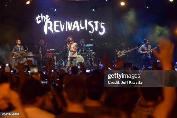 Rob Ingraham, Michael Girardot, David Shaw, Andrew Campanelli, George Gekas, and Zack Feinberg of The Revivalists perform on Huntridge Stage during...