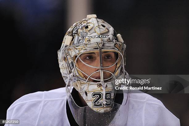 Goaltender Marc-Andre Fleury of the Pittsburgh Penguins during play against the Dallas Stars at the American Airlines Center on March 1, 2009 in...