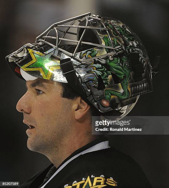 Goaltender Marty Turco of the Dallas Stars during play against the Nashville Predators at the American Airlines Center on February 8, 2009 in Dallas,...