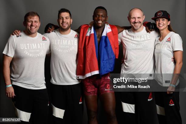 Ovince Saint Preux poses for a portrait backstage with his team during the UFC Fight Night event inside the Saitama Super Arena on September 22, 2017...