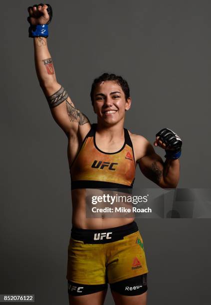 Jessica Andrade of Brazil poses for a portrait backstage during the UFC Fight Night event inside the Saitama Super Arena on September 22, 2017 in...